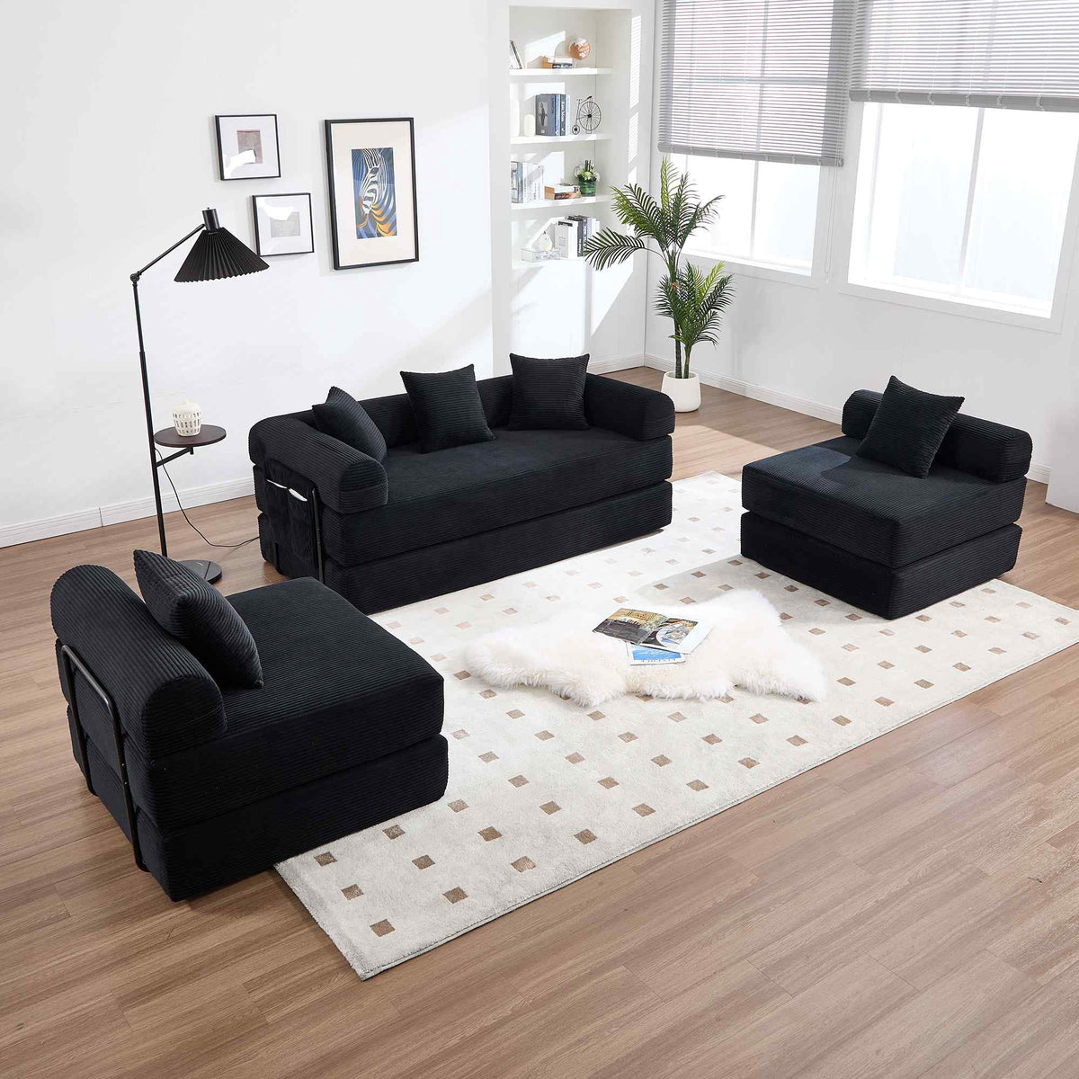 Timbernest 106" Oversized L-Shaped Cloud Couch, Convertible Sleeper Sofa, Folding Corduroy Sofa Bed for Living Room, Black