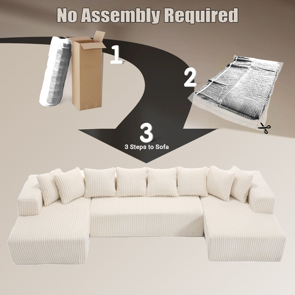  130" Boneless Couch, Modern Couches for Living Room, U-Shaped 4-Seat Modular Sofa with Chaise, Oversized, No Assembly, White
