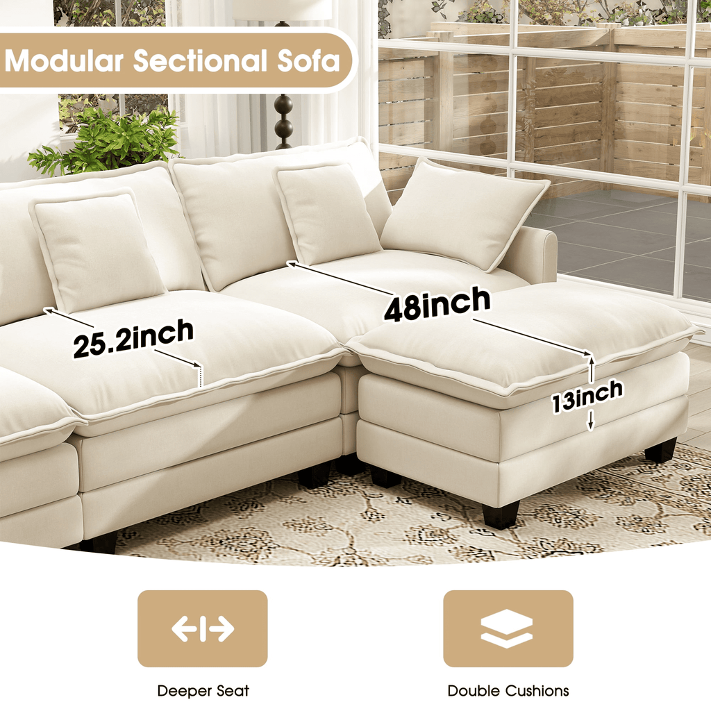  111.5'' Modular Sectional Sofa with Movable Ottoman, L Shaped Cloud Couch for Living Room, 3-Seat, Beige
