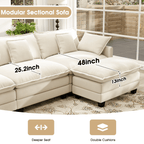  111.5'' Modular Sectional Sofa with Movable Ottoman, L Shaped Cloud Couch for Living Room, 3-Seat, Beige