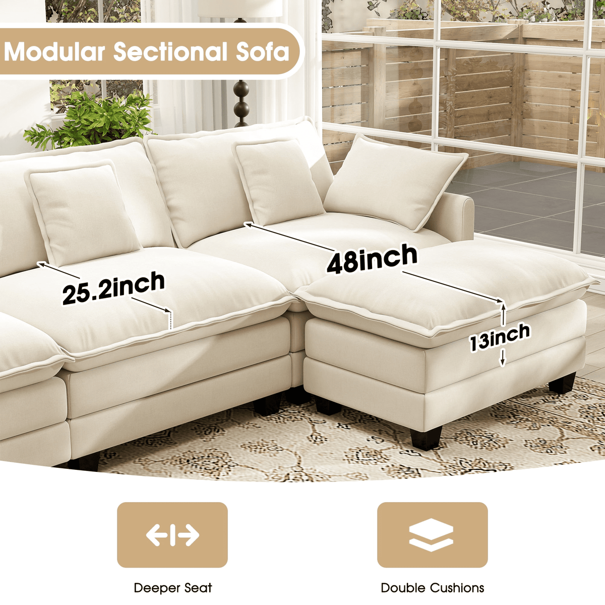  111.5'' Modular Sectional Sofa with Movable Ottoman, L Shaped Cloud Couch for Living Room, 3-Seat, Beige