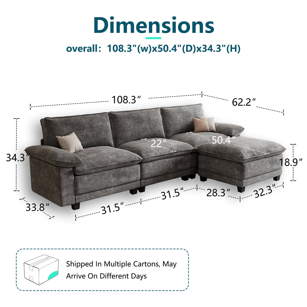 DoMaDing 108" L Shaped Modular Sectional Cloud Sofa, Sofa Couch for Living Room, Comfortable Couch with Modular Design, Sturdy Frame, Dark Gray