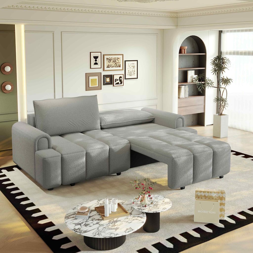 FFH 90.2" Pull Out Sofa Bed with Storage, 3-in-1 Convertible Sleeper Sofa King Size, Modern 4-Seater Teddy Couch for Living Room, Gray