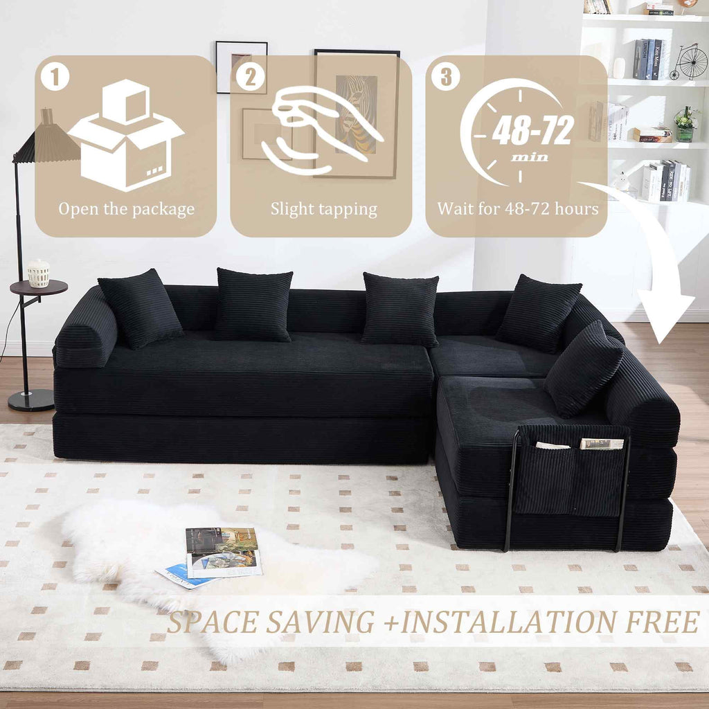 Timbernest 106" Oversized L-Shaped Cloud Couch, Convertible Sleeper Sofa, Folding Corduroy Sofa Bed for Living Room, Black
