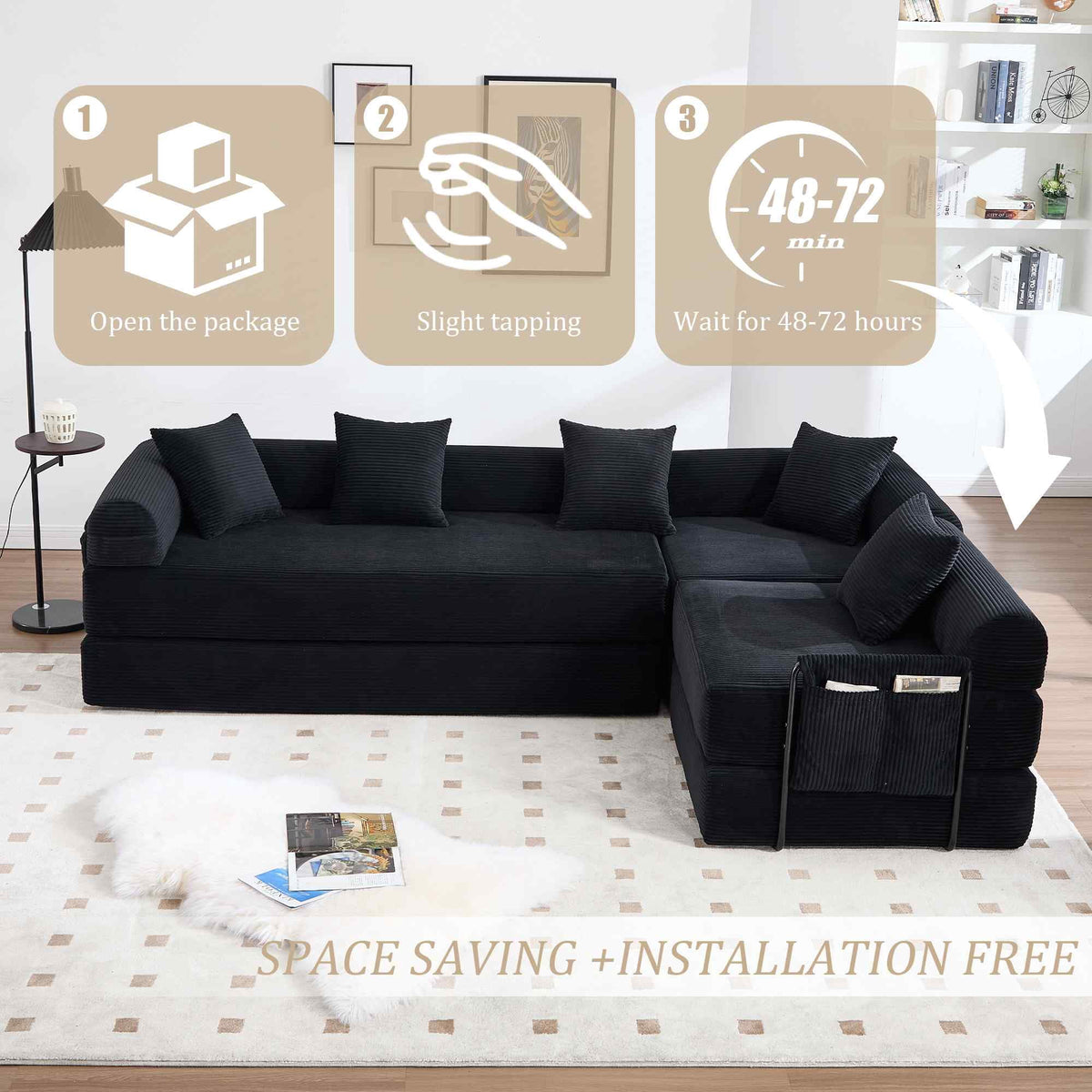 Timbernest 106" Oversized L-Shaped Cloud Couch, Convertible Sleeper Sofa, Folding Corduroy Sofa Bed for Living Room, Black