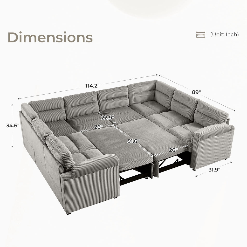  114 inch Sectional Sleeper Sofa with Pull Out Bed Convertible Corduroy Modular Sofa Upholstered Sofa Bed for Living Room Gray