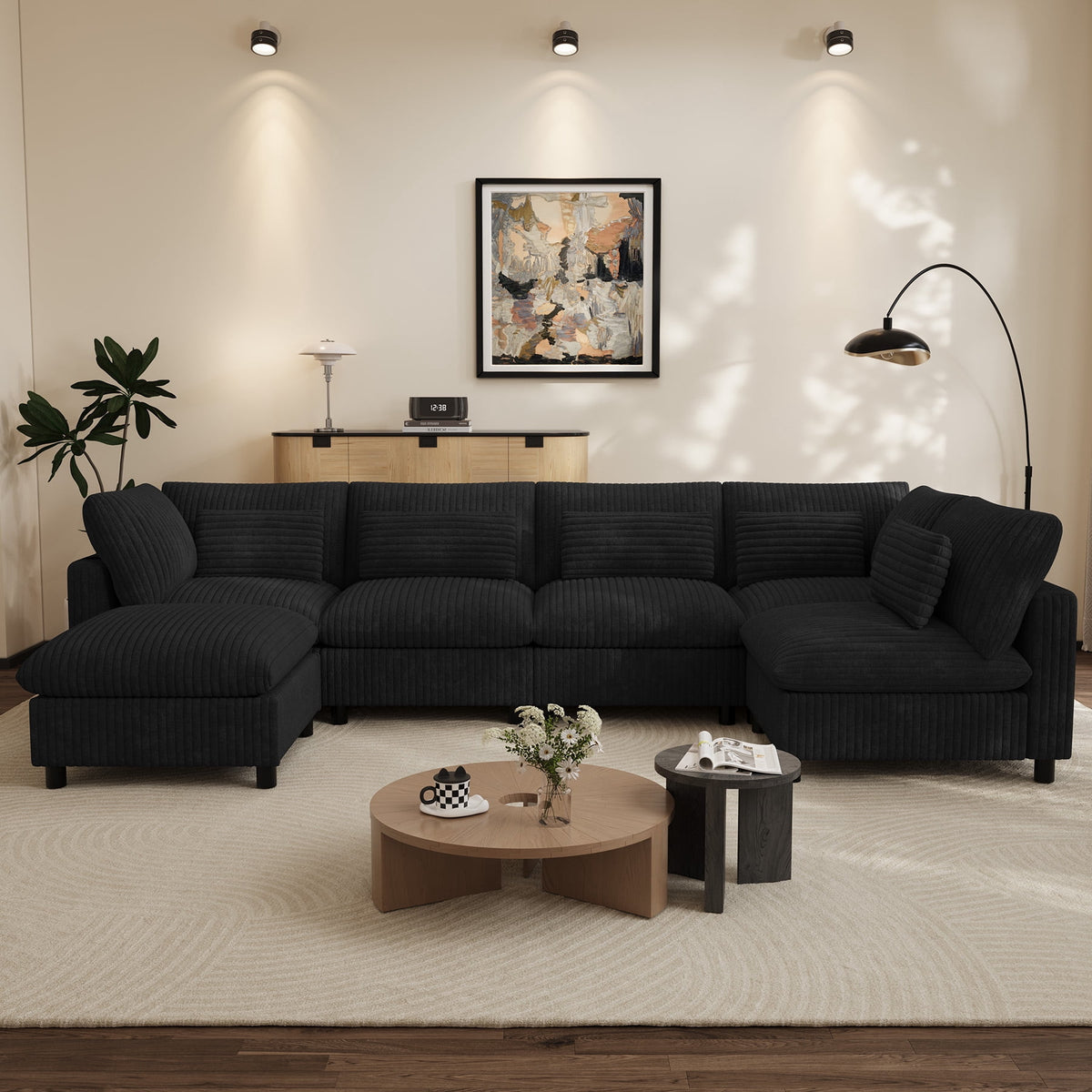 Wiilayok 130" Corduroy U-Shaped Modular Sectional Sofa 6-Seat Cloud Fluffy Couch Set for Living Room with Ottoman, USB Port, Cup Holder, Storage, Black