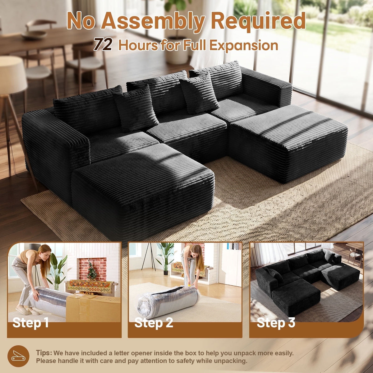 NNSNG 110"U-Shaped Sectional Sofa,5-Seater Boneless Couch Soft Corduroy Fabric Sofa for Living Room,No Assembly Required ,Black