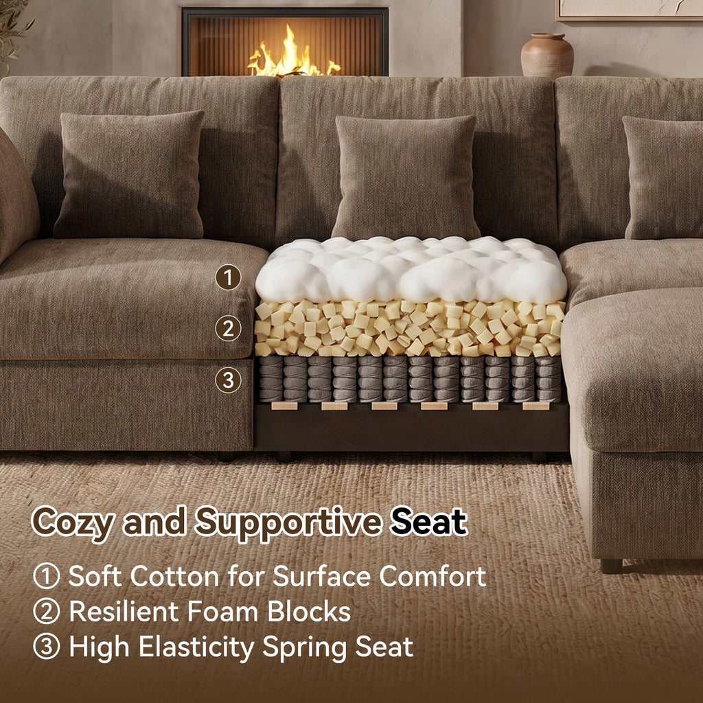  140" Large Modular Sectional Sofa with 2 Removable Storage Ottomans, Extra Deep Seat Cloud Couch for Living Room, Chenille Brown