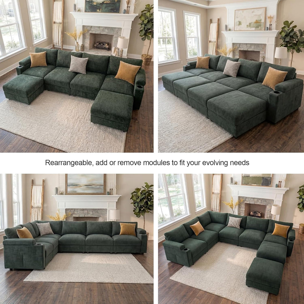 Oversized Modular Sectional Sofa,L Shape 6-Seat Cloud Couch,Comfy Chenille Deep Seat Sofa for Living Room, Apartment,Green