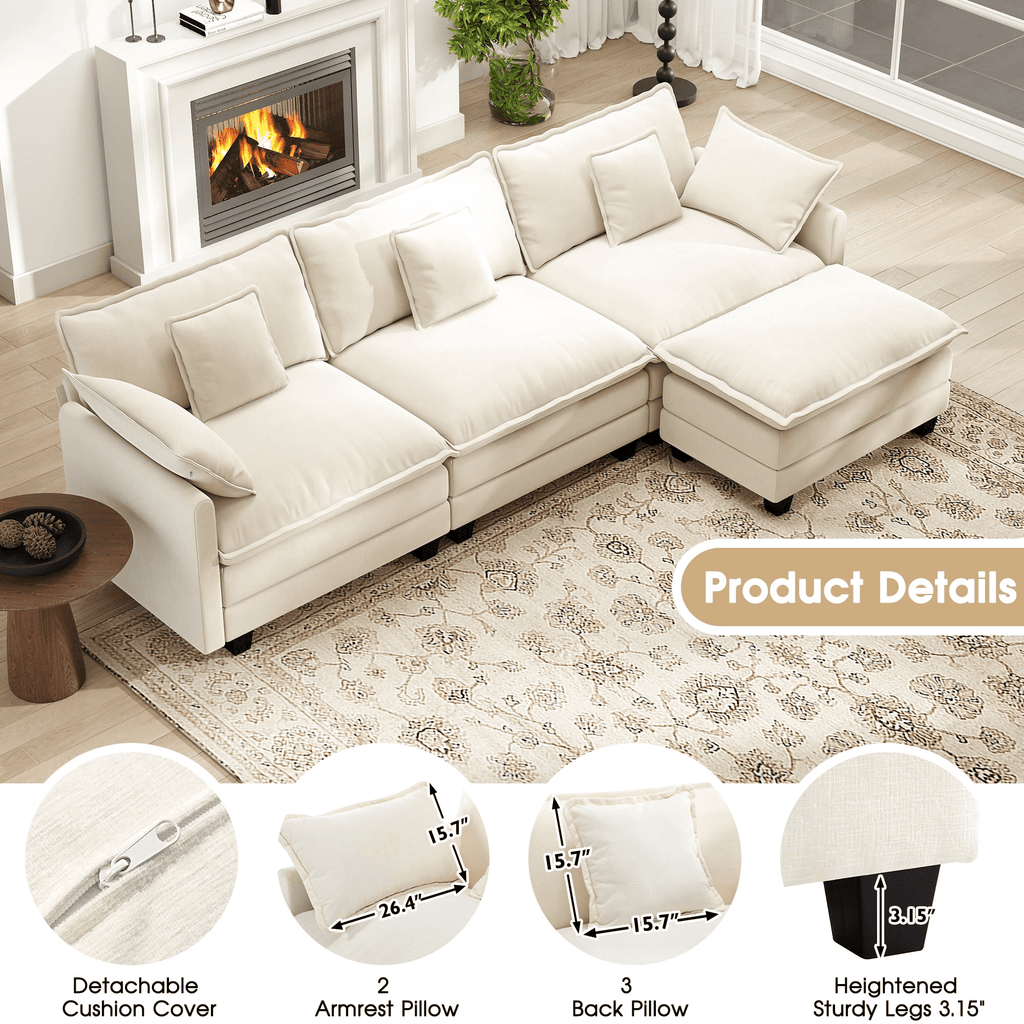  111.5'' Modular Sectional Sofa with Movable Ottoman, L Shaped Cloud Couch for Living Room, 3-Seat, Beige