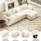  111.5'' Modular Sectional Sofa with Movable Ottoman, L Shaped Cloud Couch for Living Room, 3-Seat, Beige