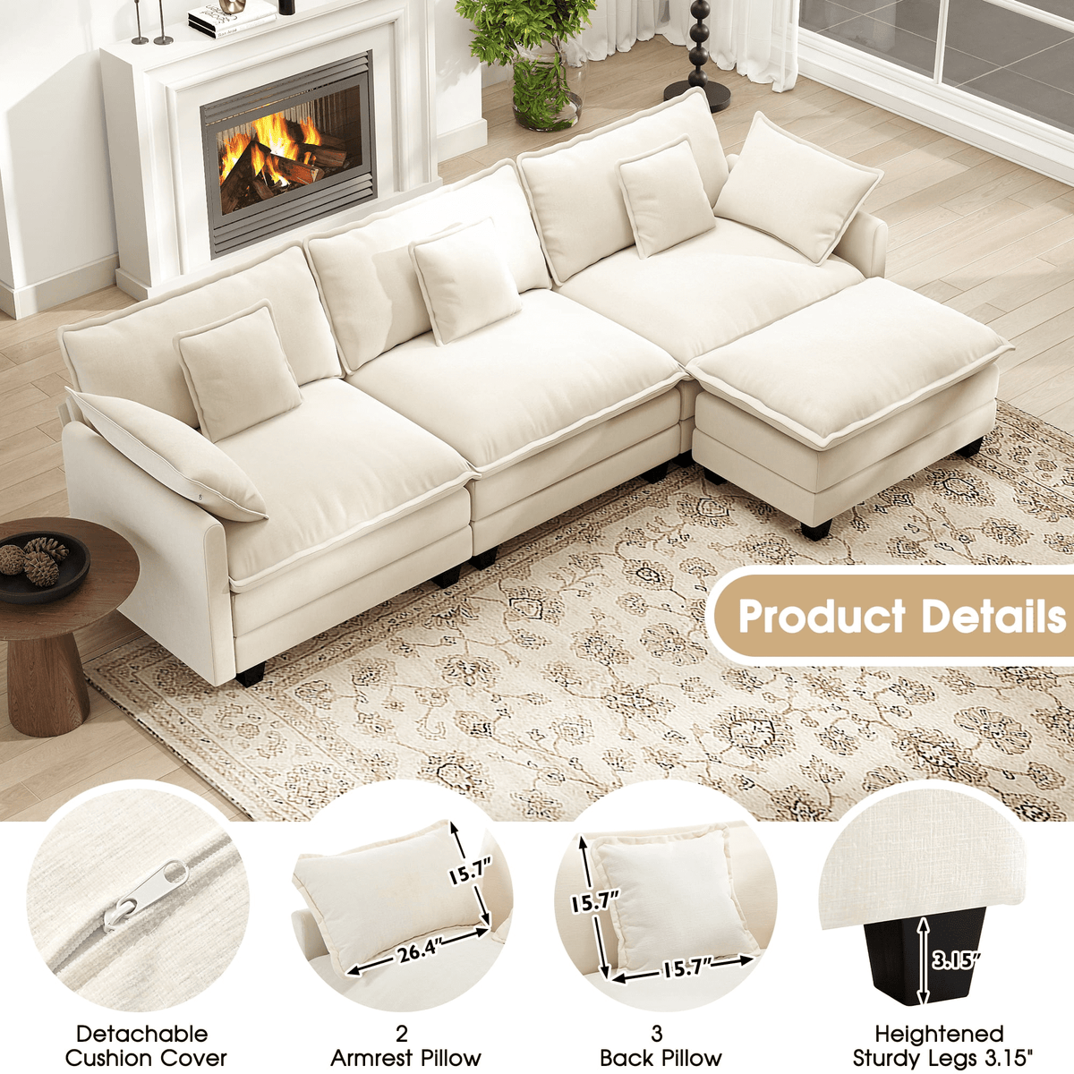  111.5'' Modular Sectional Sofa with Movable Ottoman, L Shaped Cloud Couch for Living Room, 3-Seat, Beige