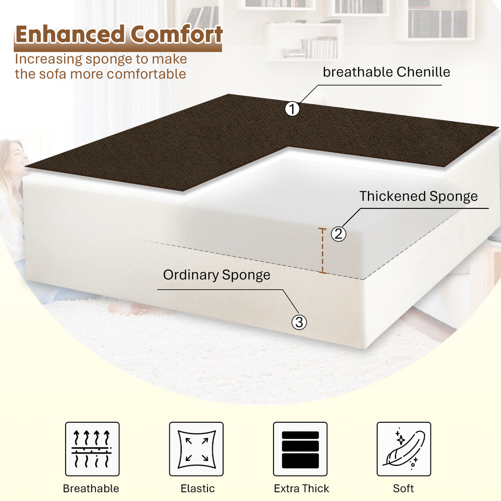 ACMEASE 85" Chenille Reversible Sectional Sofa w/Pull Out Bed, Upholstery L-Shaped Couch w/Storage Armrests & Cup Holders, Modern Corner Sofa w/USB Charging Port & Throw Pillow for Living Room, Brown
