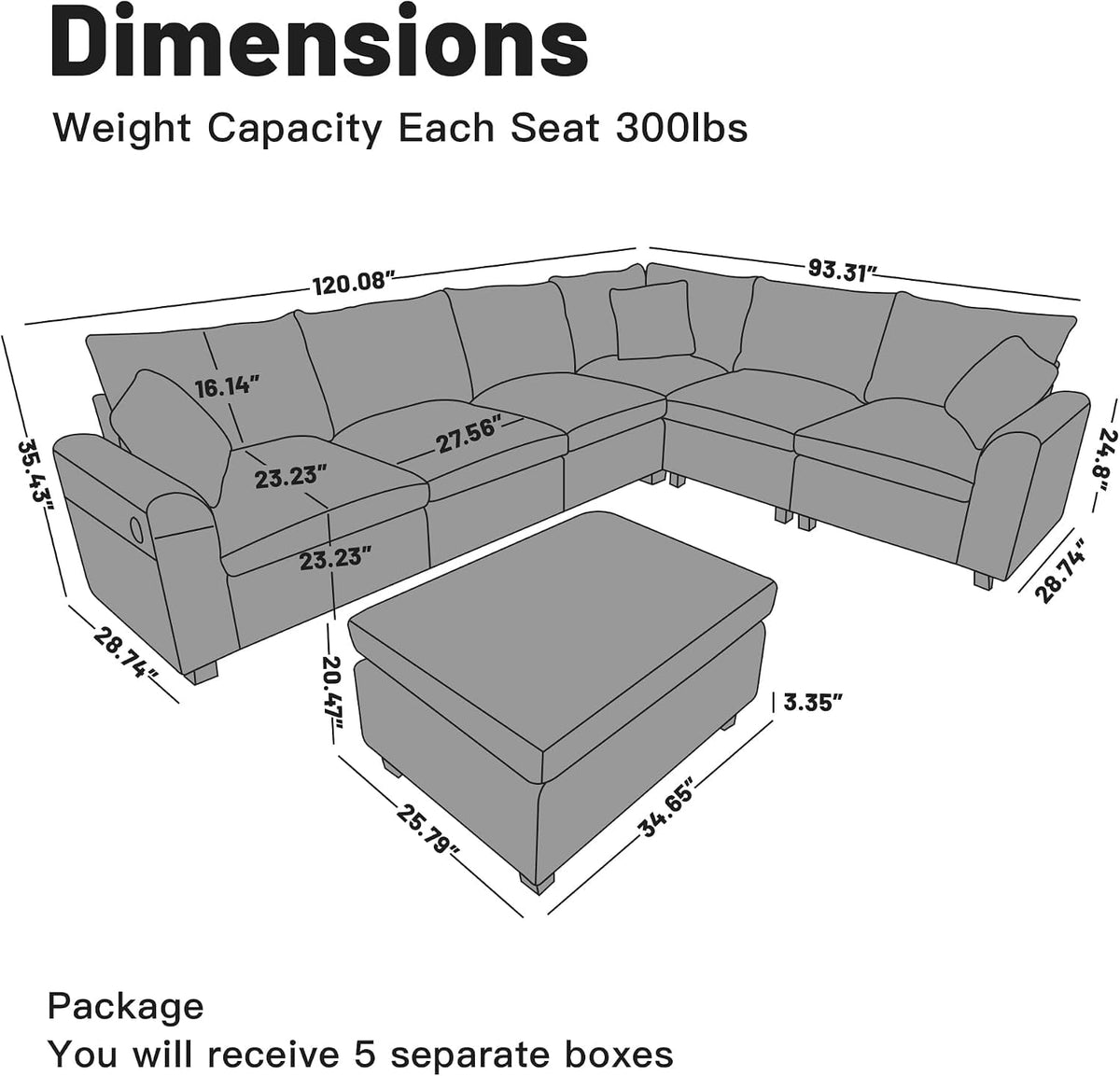120" 7-Seater L-Shaped Sectional Couch, Modern Chenille V-Shaped Corner Sofa with Storage Ottoman & USB Ports, Modular Sofa for Living Room