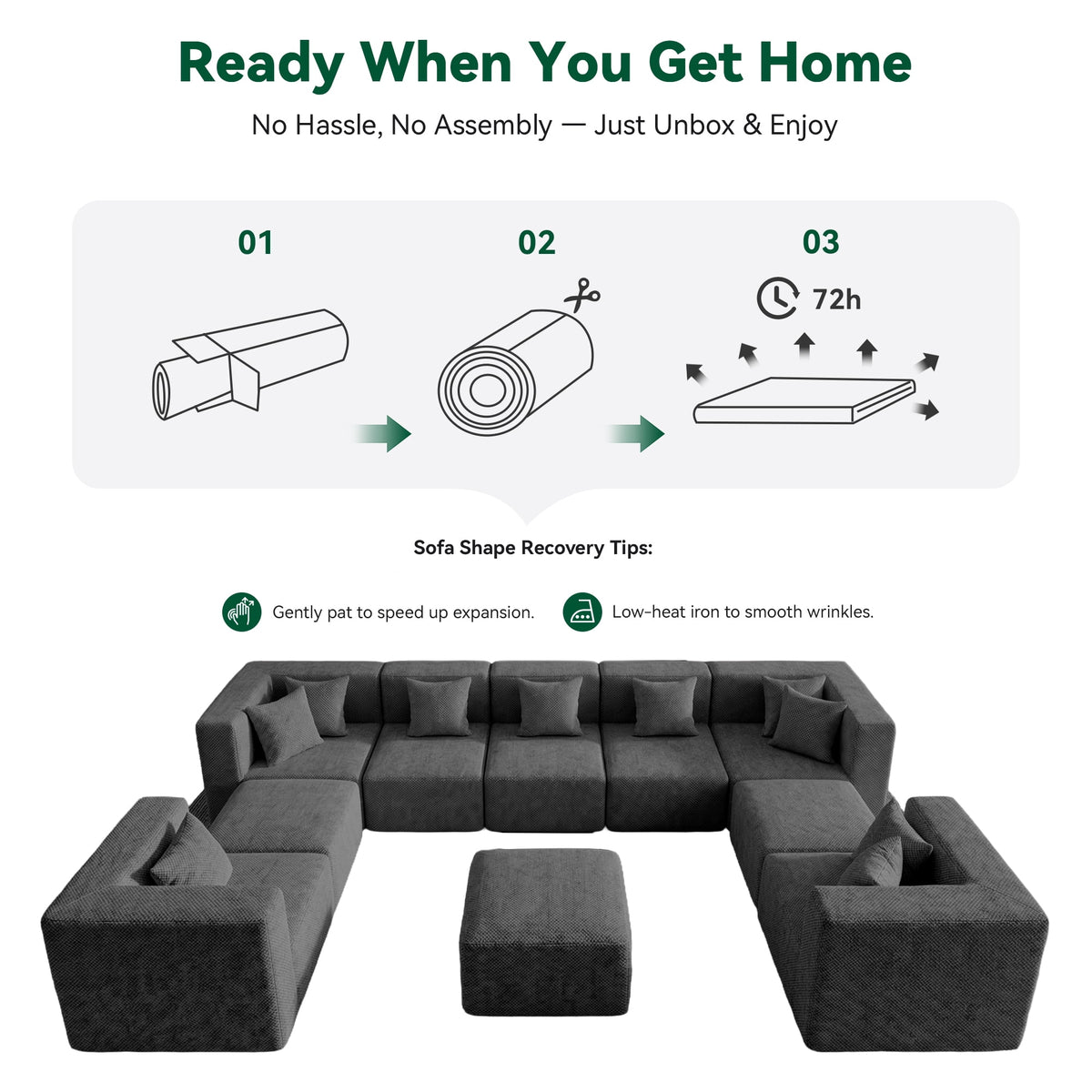  10-Piece Oversized Modular Sectional Sofa Set, 160" Mega U-Shaped Boneless Cloud Couch with Ottomans, Luxury Chenille Fabric Theater Seating, Extra Deep Seat for Living Room, Dark Gray