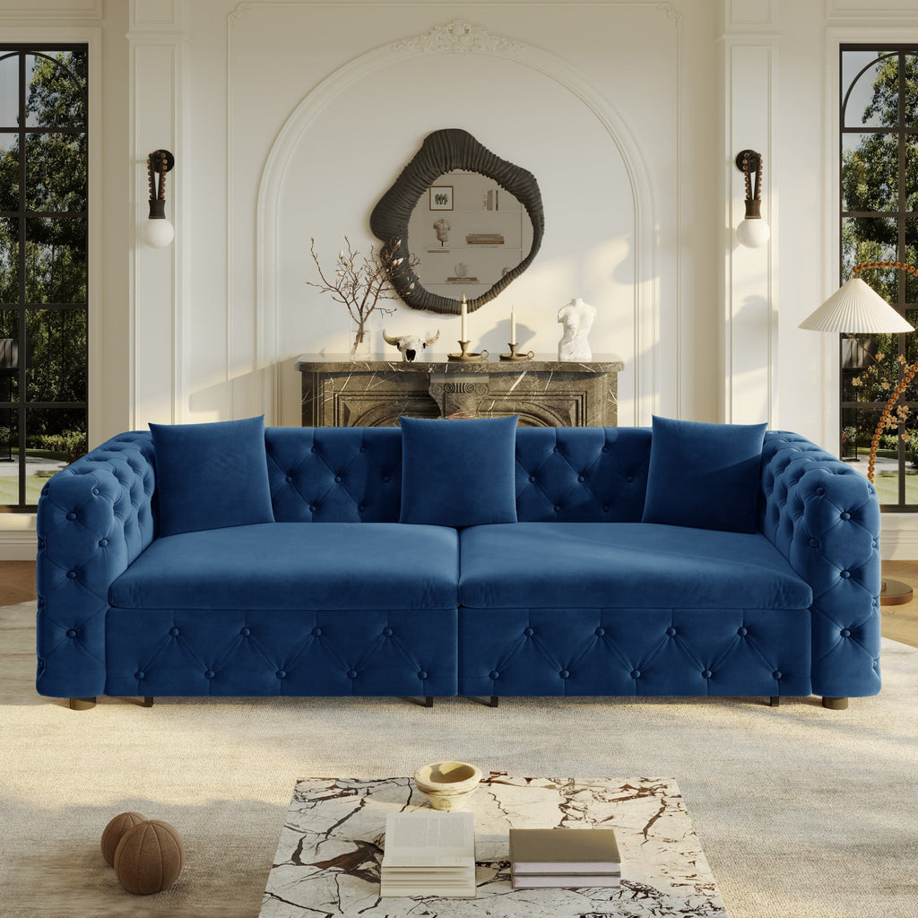  Pull Out Sofa Bed King Size, 89" Chesterfield Sofa Couch Convertible Sofa Bed, Velvet Loveseat Sofa with Tufted Design for Living Room Blue