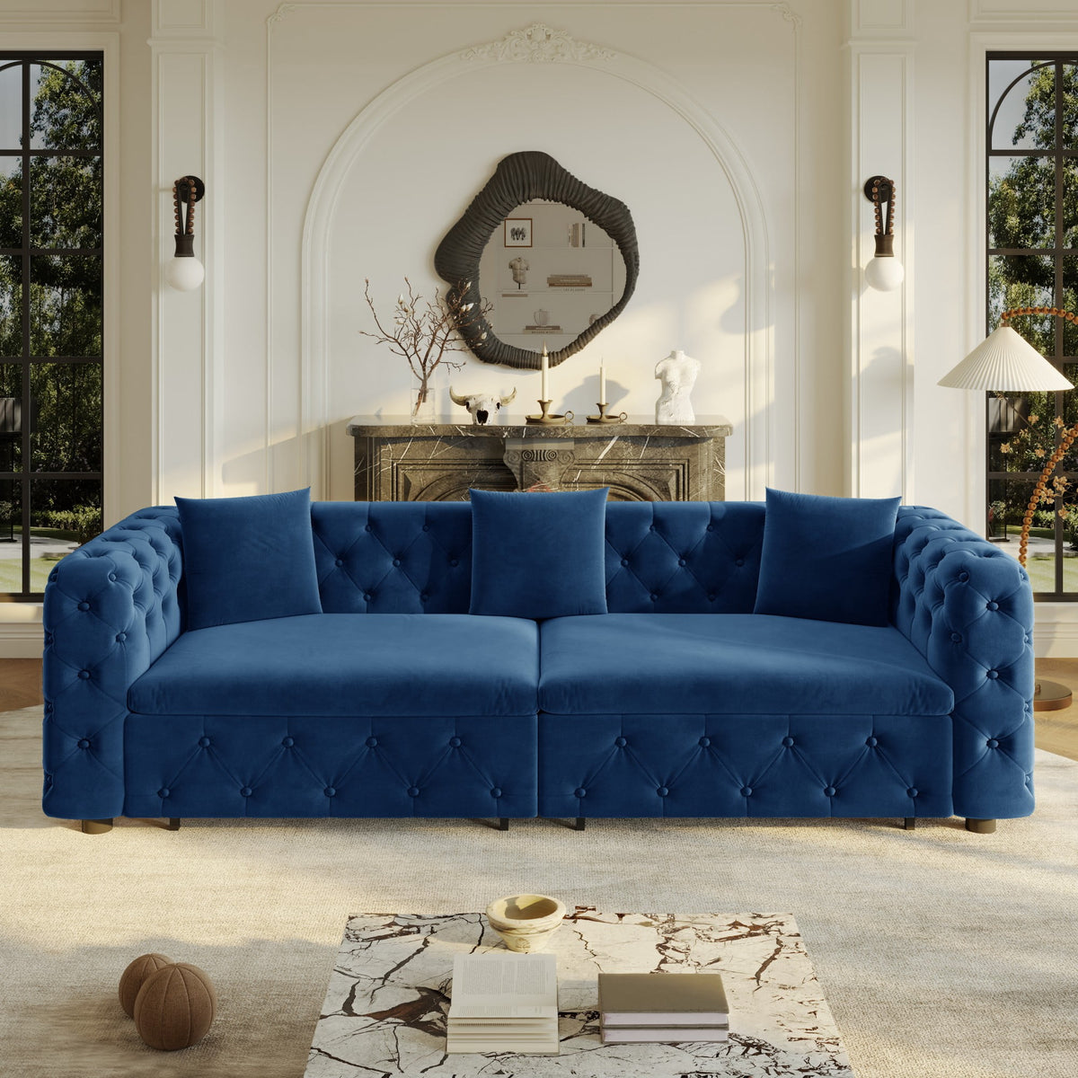  Pull Out Sofa Bed King Size, 89" Chesterfield Sofa Couch Convertible Sofa Bed, Velvet Loveseat Sofa with Tufted Design for Living Room Blue