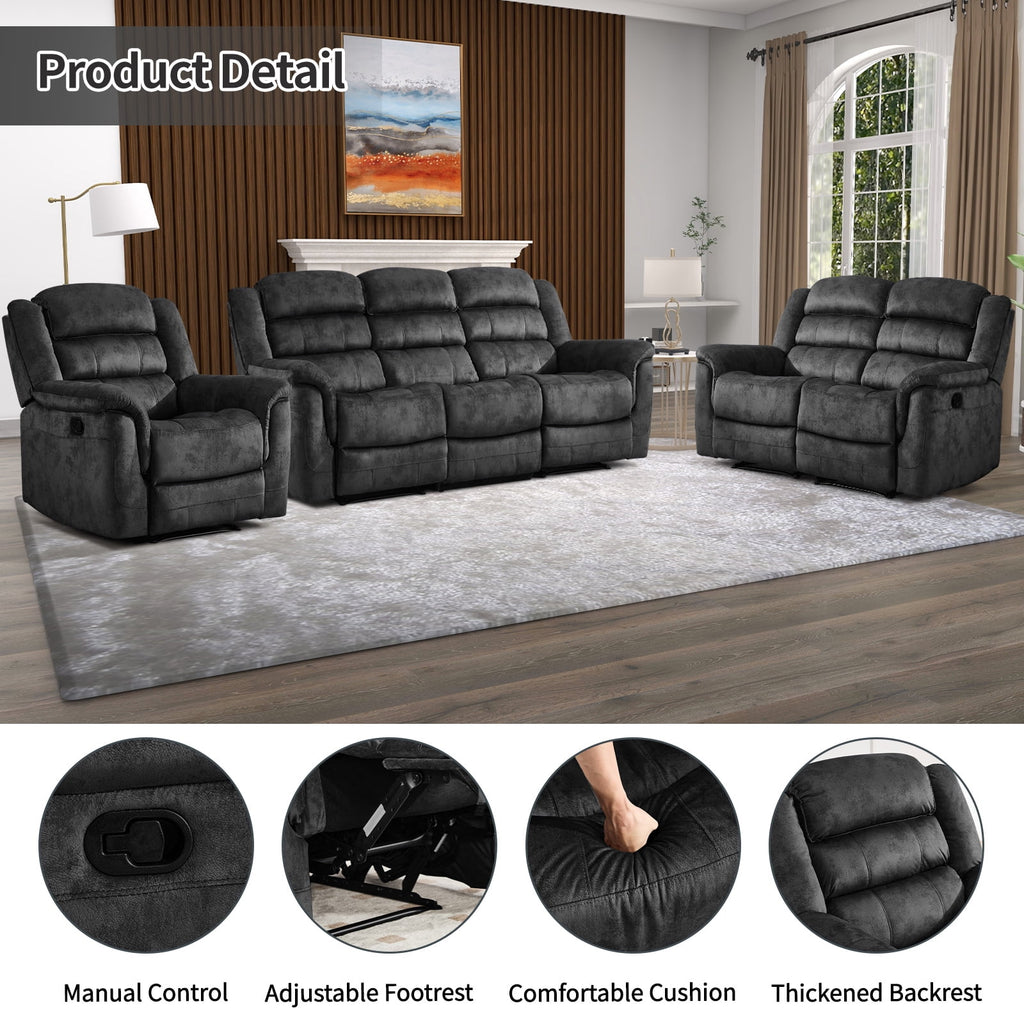  3-Piece Fabric Manual Recliner Sofa Set, Single Chair, Loveseat & 3-Seat Couch for Living Room Furniture