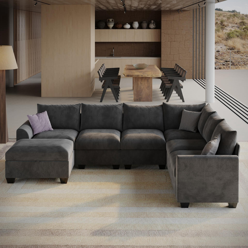 120" 7-Seater L-Shaped Sectional Couch, Modern Chenille V-Shaped Corner Sofa with Storage Ottoman & USB Ports, Modular Sofa for Living Room