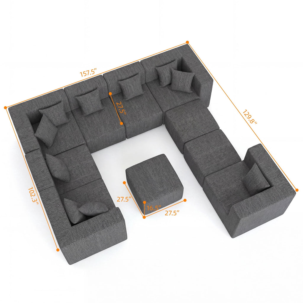  10-Piece Oversized Modular Sectional Sofa Set, 160" Mega U-Shaped Boneless Cloud Couch with Ottomans, Luxury Chenille Fabric Theater Seating, Extra Deep Seat for Living Room, Dark Gray