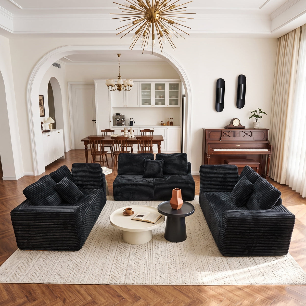  138.5" Sectional U Shaped Couch,Black Sectional Cloud Boneless Sofa For Living Room,Plush Corduroy Couches With Deep Seat Chaise Lounge,No Assembly Required