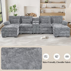 Wiilayok 133" U Shaped Cloud Couch Modular Sectional Couches for Living Room Fluffy Chenille Deep Seat Sofa Set with Double Chaise Lounge, Storage Central Console, Cup Holders, USB Port, Storm Gray