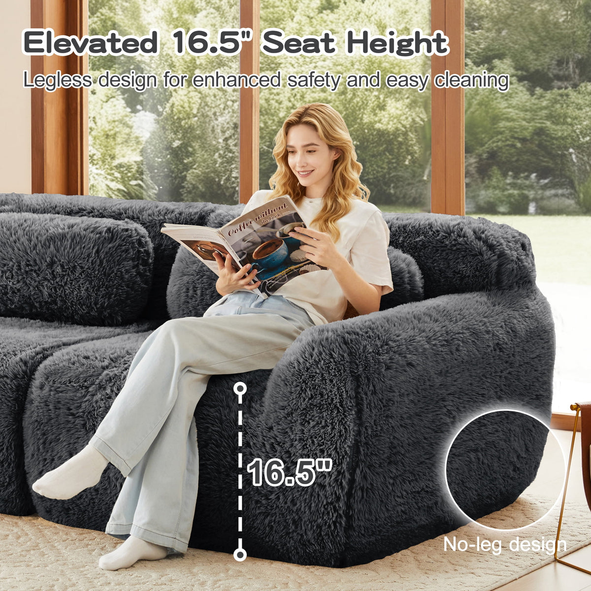 Homefun 114" L-Shaped Plush Sectional Sofa with Movable Ottoman No Assembly 32D Sponge Anti-Slip Bottom,Dark Grey