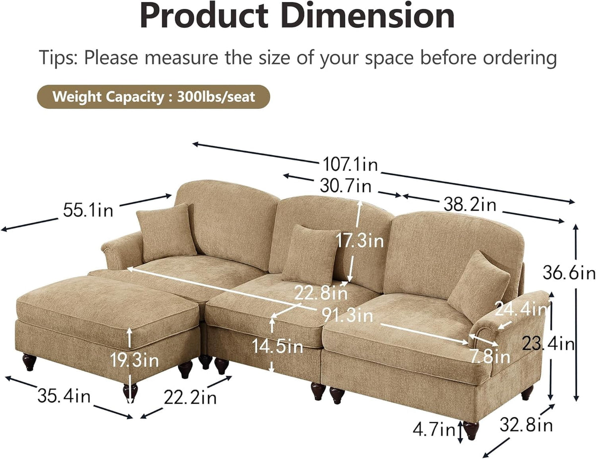 Modular L Shaped Sectional Couch with Ottoman, Chaise Lounge Sofa with Removable Ruffles Pleats Skirts, 3-Seat Deep Seat Sofa for Living Room, Light Coffee