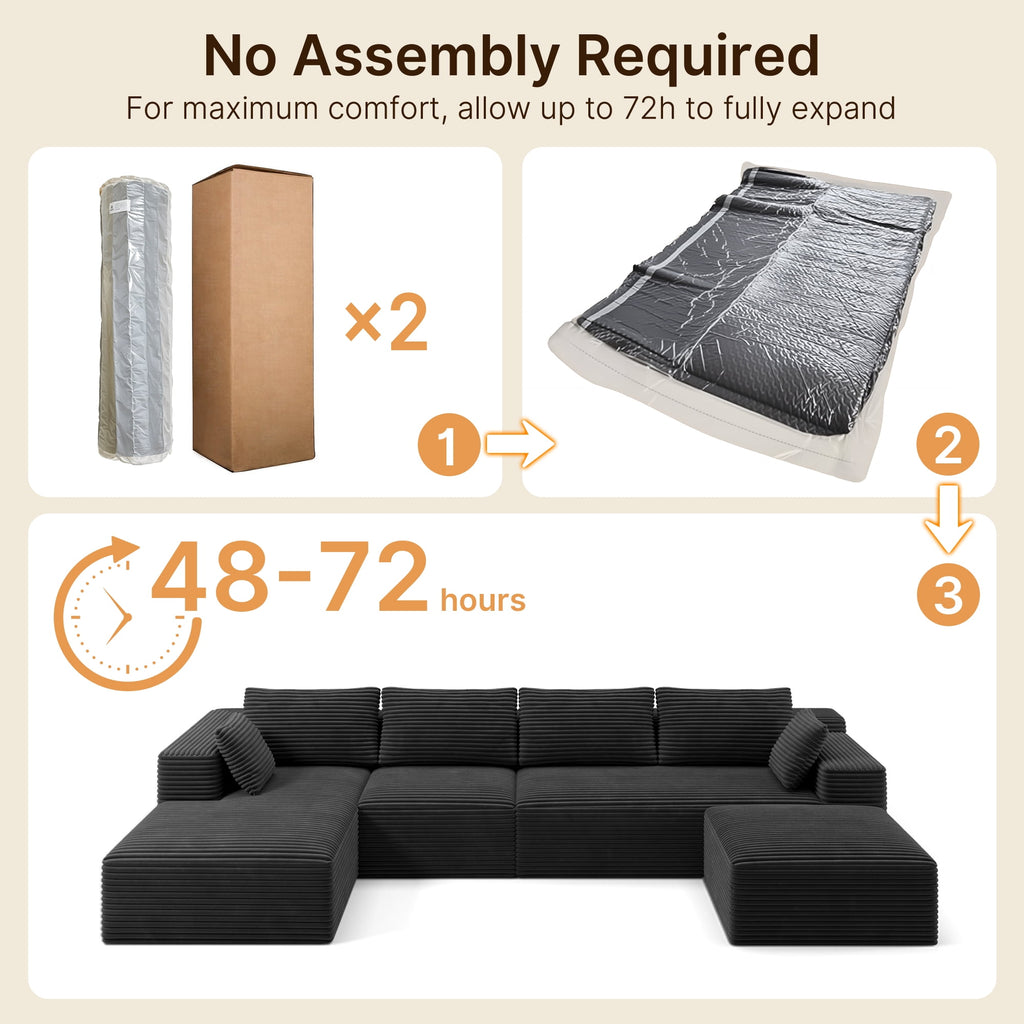U-Shape Sectional Sofa, 135'' Modular Sectional Couch with Chaise Lounge, Couch Comfy Corduroy Floor Sofa for Living Room, Corduroy Upholstered 4-Seater Sofa with Pillow Back and Square Arms,