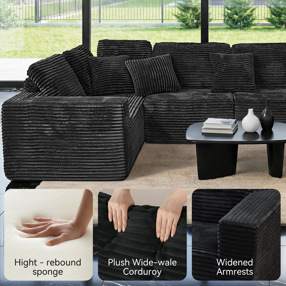  135.5" Sectional Couch, Black U Shaped Sofa for Living Room, Boneless Cloud Couch with Chaise,6-Seater, Corduroy Fabric, Freely Configurable Layout