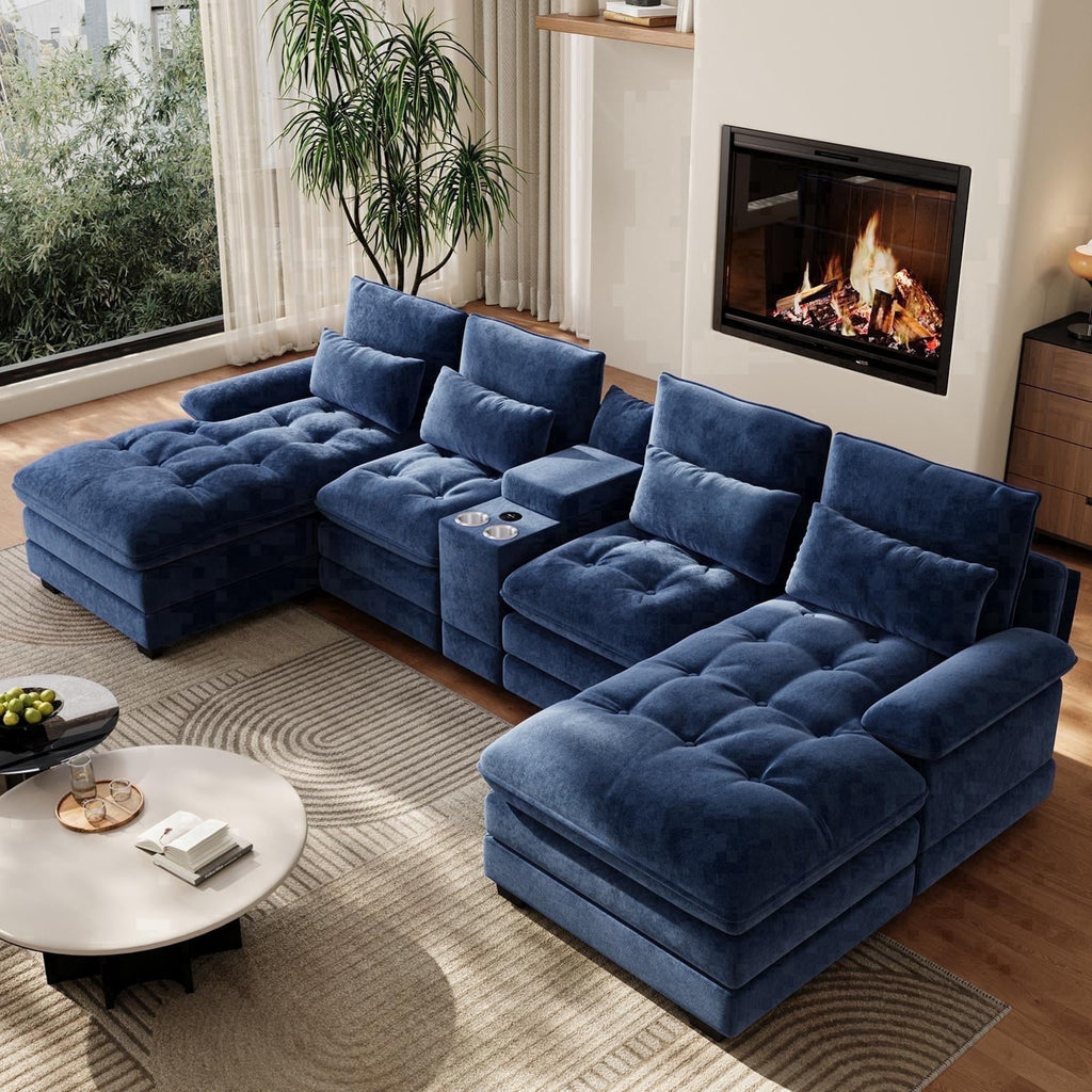 Rophefx 134" Oversized U Shaped Modular Sectional Sofa, 6 Seater Chenille Cloud Couch with Storage Console, Cup Holders and USB Ports for Living Room,Blue