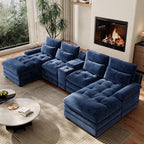 Rophefx 134" Oversized U Shaped Modular Sectional Sofa, 6 Seater Chenille Cloud Couch with Storage Console, Cup Holders and USB Ports for Living Room,Blue
