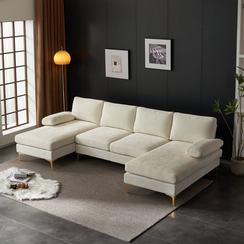 Zimtown Convertible Sectional Sofa,U Shaped Couch with Double Reversible Chaise, Chenille Fabric Fabric Sectional Couch with Metal Feet Beige