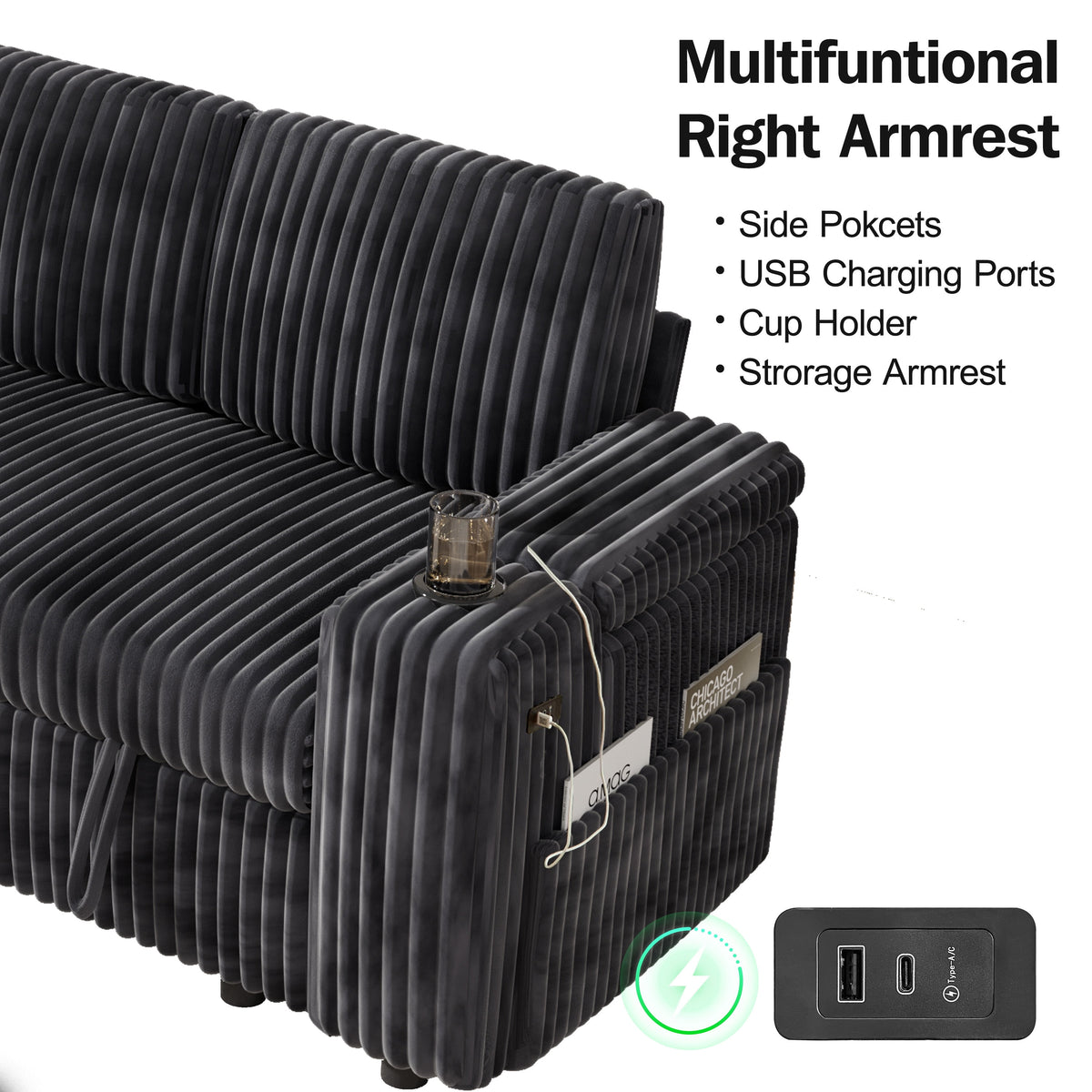 85" Modular Sectional Sleeper Sofa with Pull Out Bed, 3 Seat Plush L Shaped Couch with Storage Chaise|USB Ports|Cup Holders|Side Table|Storage Armrests, Tool Free Assembly, Corduroy Fabric Dark Gray