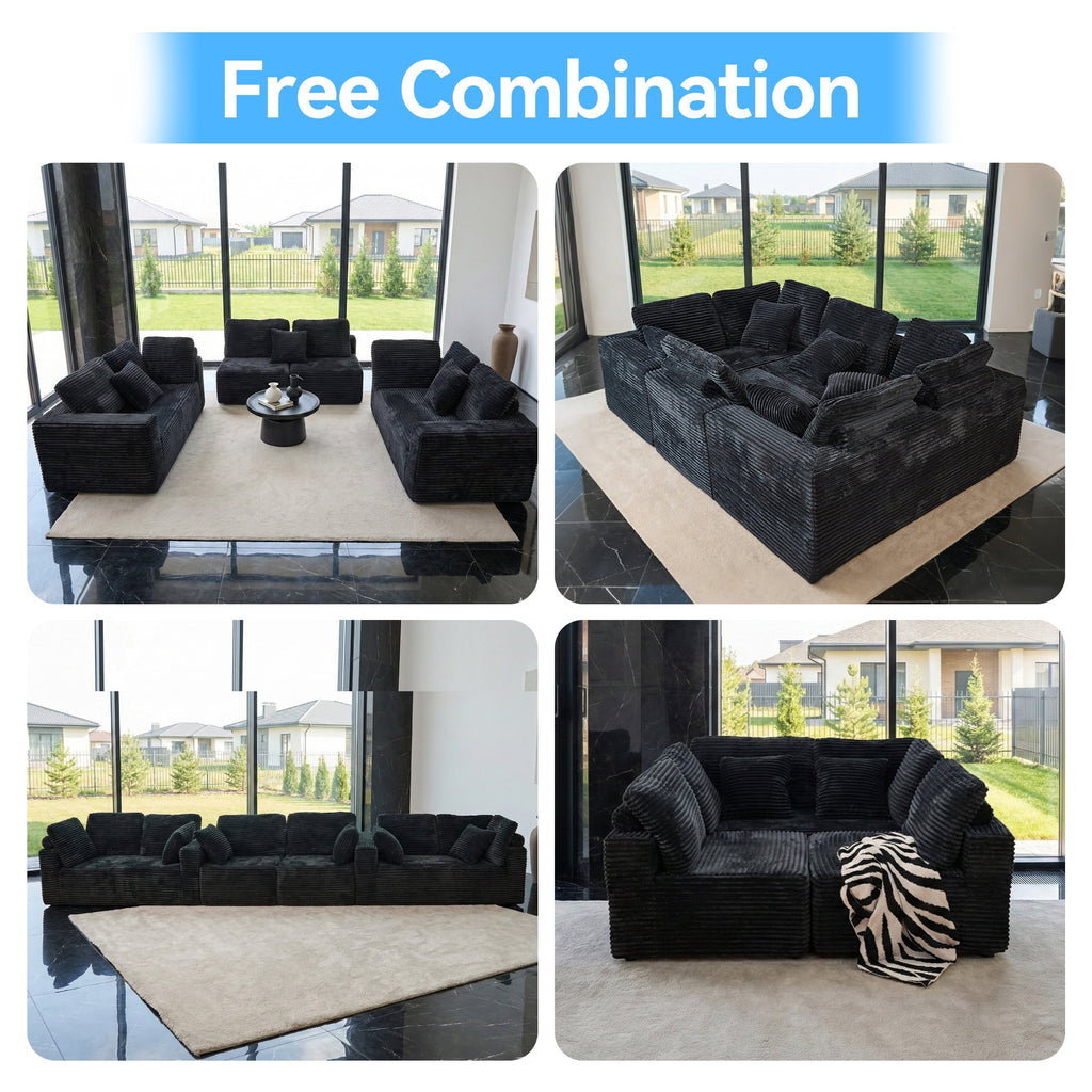  135.5" Sectional Couch, Black U Shaped Sofa for Living Room, Boneless Cloud Couch with Chaise,6-Seater, Corduroy Fabric, Freely Configurable Layout
