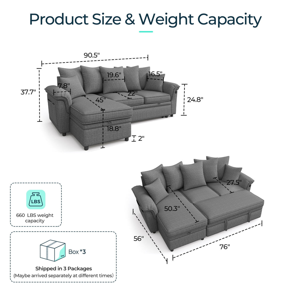  90.5" Sectional Sleeper Sofa With Pull Out Bed, Storage Chaise & USB Charging, Pull Out Couch with Side Pocket & Two Pillows for Living Room, Corduroy Grey