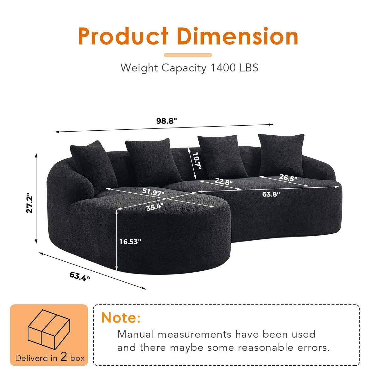 Timbernest 99" Cloud Sectional Couch, L-Shape Modular Chenille Sofa for Living Room, No Assembly Required, Black