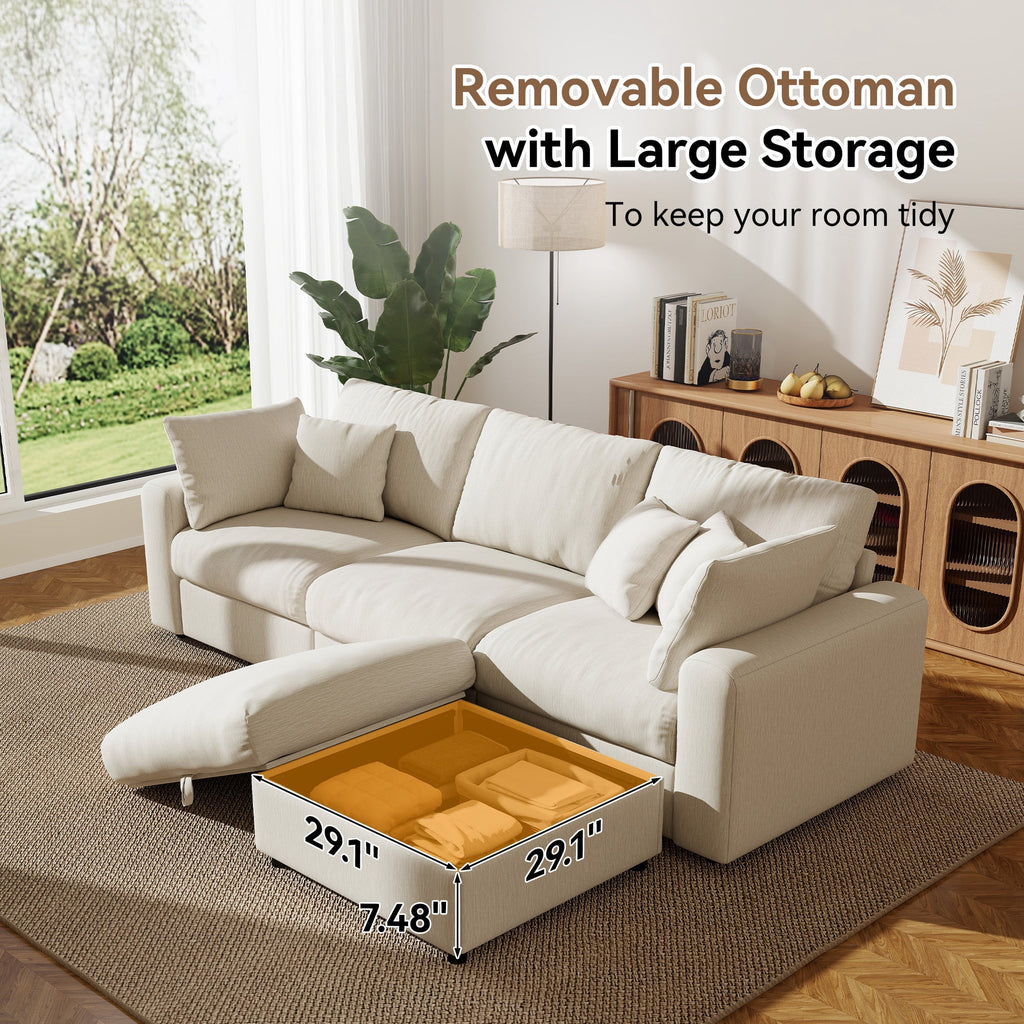  110" Large Modular Sectional Cloud Sofa with Removable Storage Ottoman, Extra Deep Seat Couch, Living Room Furniture, Chenille Beige