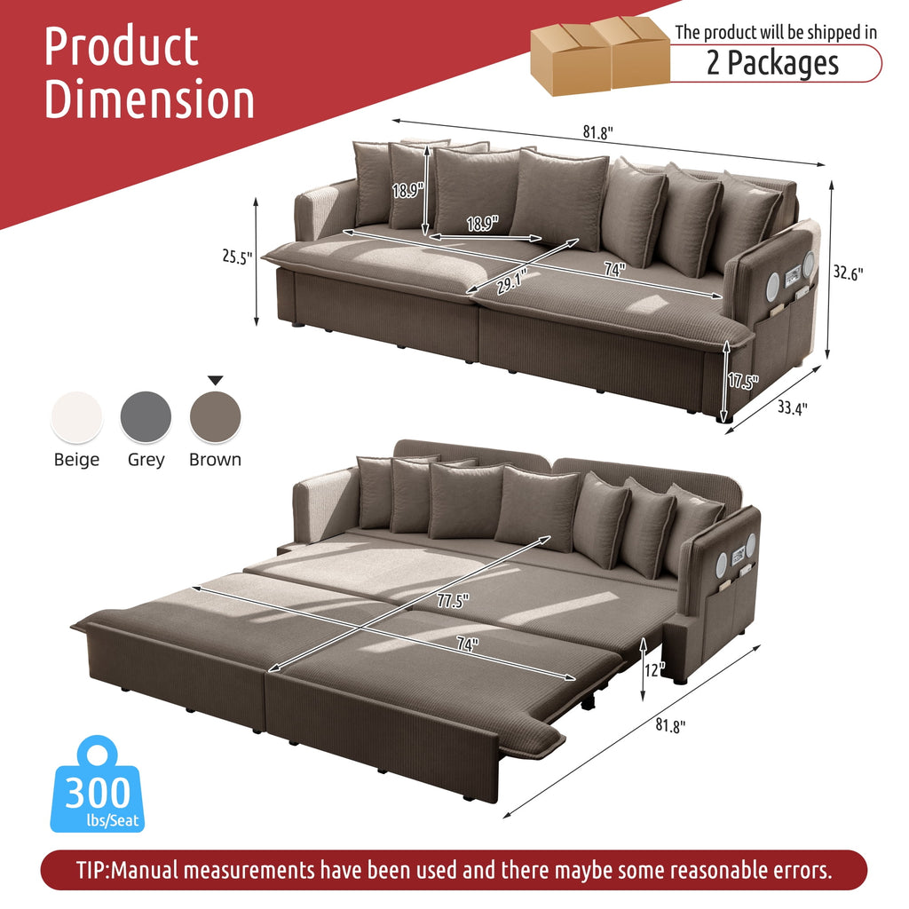  Pull Out Sofa Bed King Size, 82" Loveseat Sofa with Bluetooth Speakers, USB Ports, Side Pockets, Corduroy Sofa Couch Convertible Sofa Bed for Living Room Brown