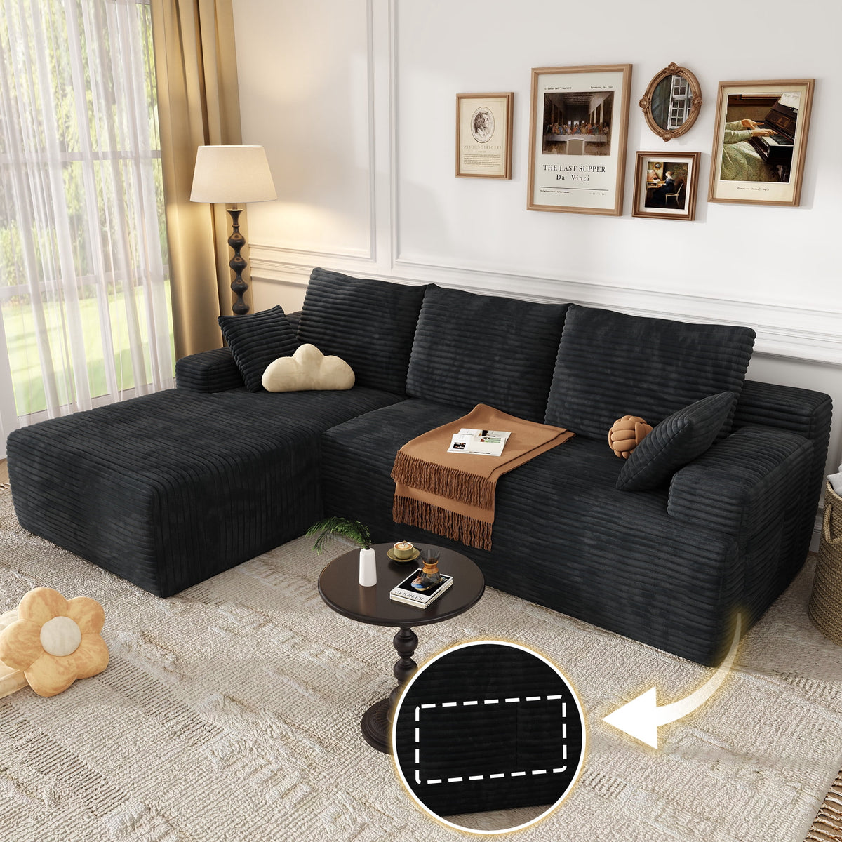 104 Modular L-Shaped Sectional Sofa with Chaise - No Assembly Required Boneless Corduroy Couch, High Resilience Foam, Deep Black