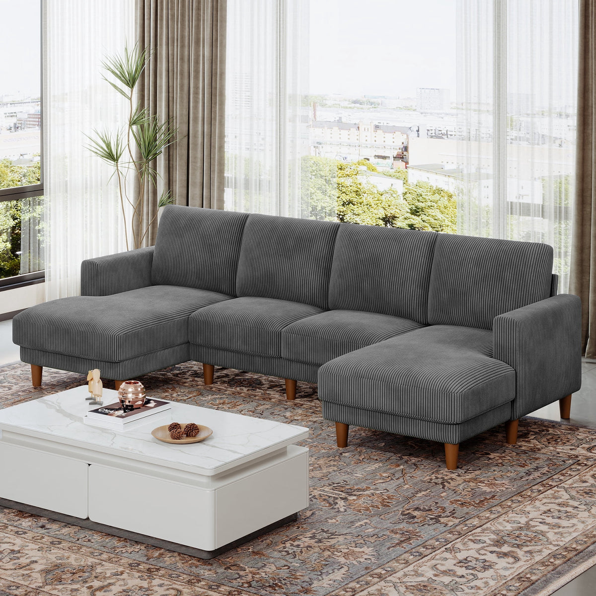 106" Corduroy Sofa for Living Room, U Shaped Couch, Wood Frame, Gray