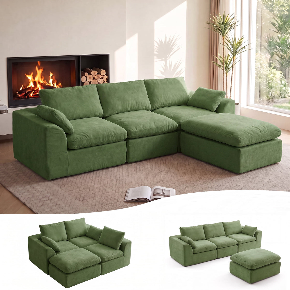 SOLIA 108" L-Shaped Cloud Modular Sectional Couch with Movable Ottoman