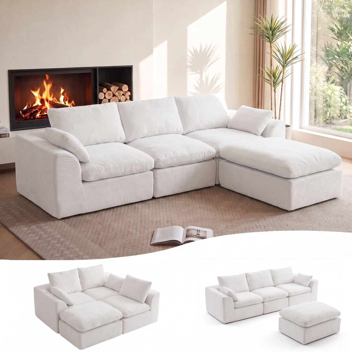 SOLIA 108" L-Shaped Cloud Modular Sectional Couch with Movable Ottoman