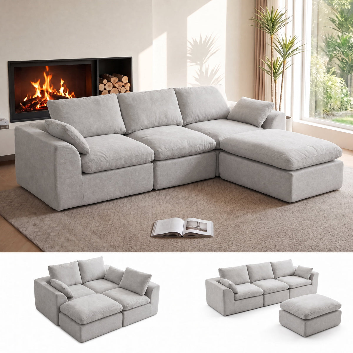 SOLIA 108" L-Shaped Cloud Modular Sectional Couch with Movable Ottoman