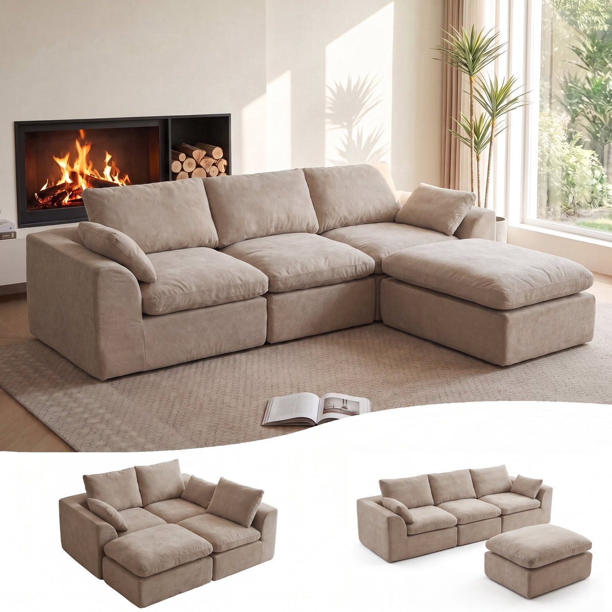 SOLIA 108" L-Shaped Cloud Modular Sectional Couch with Movable Ottoman