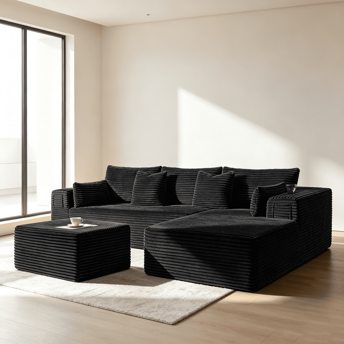 Rwcoet 108"Modular Cloud Sectional Sofa with Chaise,Extra Deep Seat Corduroy Couch,Memory Foam,No Assembly,Living Room & Apartment,Black