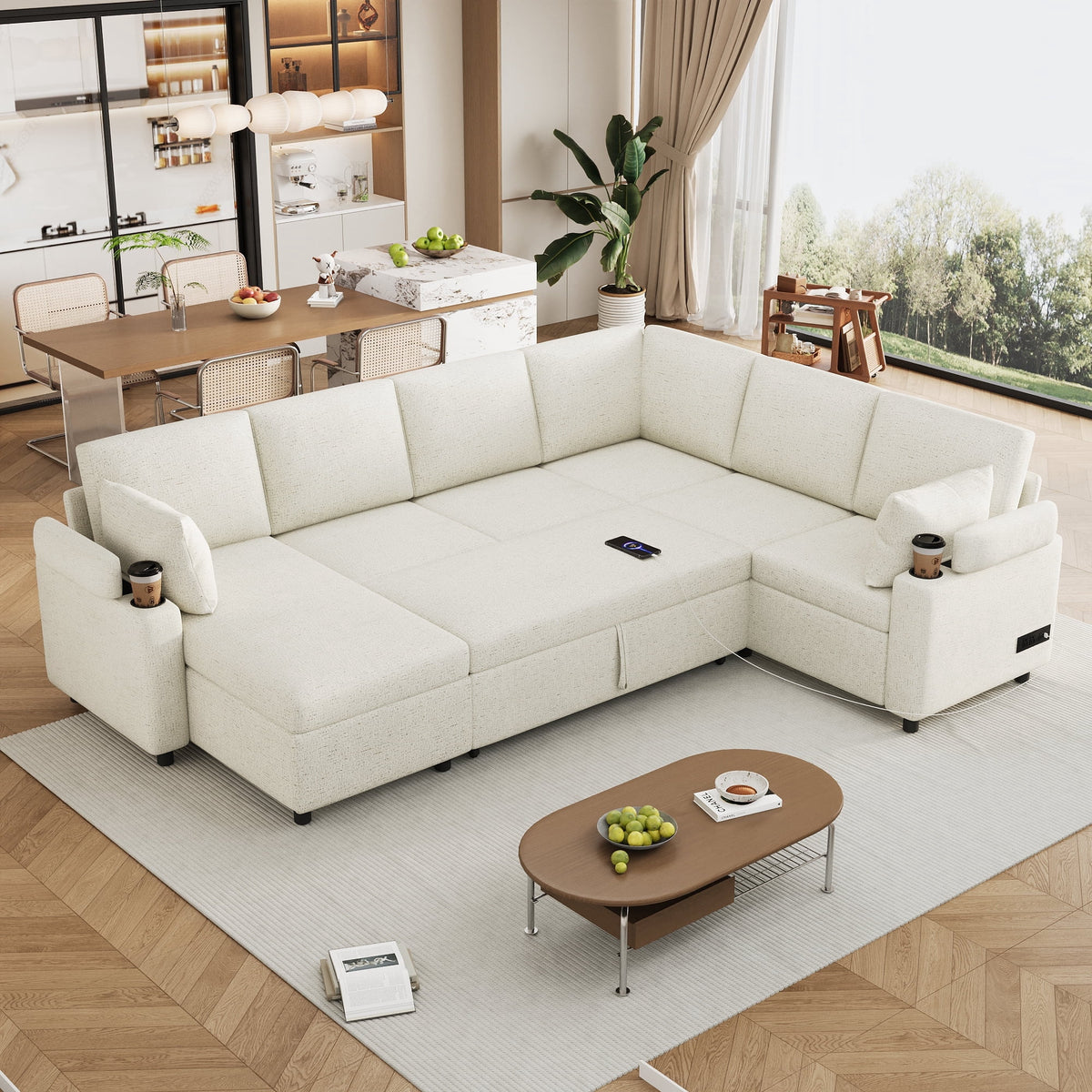 SOLIA 109.9" U-Shaped Sleeper Sectional Sofa Bed with USB Charging & Cup Holders