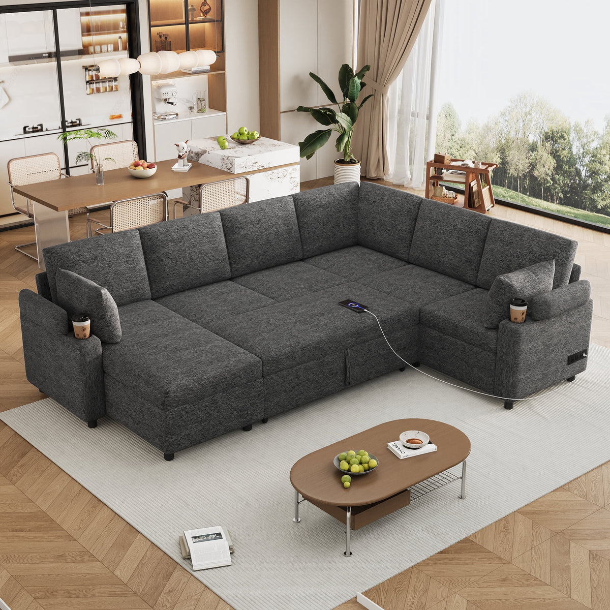109.9" Sectional Sofa Versatile Sofa Bed Sleeper U-shaped with Storage,Two Cup Holders and Charging Ports for Living Room,Grey
