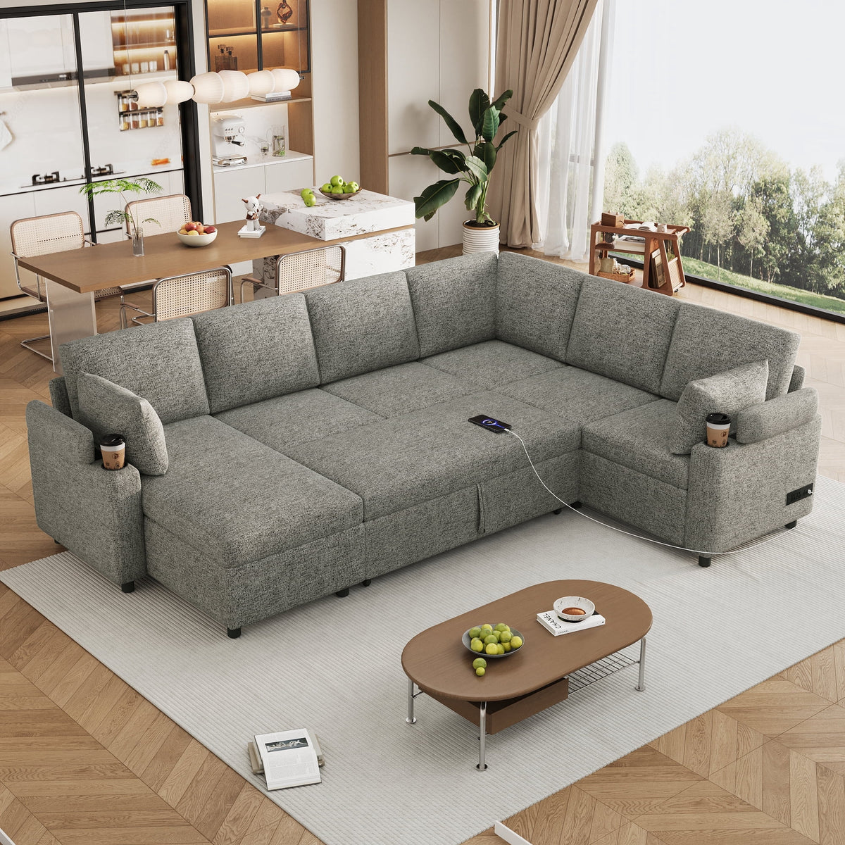 SOLIA 109.9" U-Shaped Sleeper Sectional Sofa Bed with USB Charging & Cup Holders